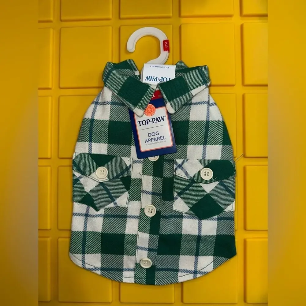 Top Paw Green and Blue Shacket Plaid Dog Shirt - XS